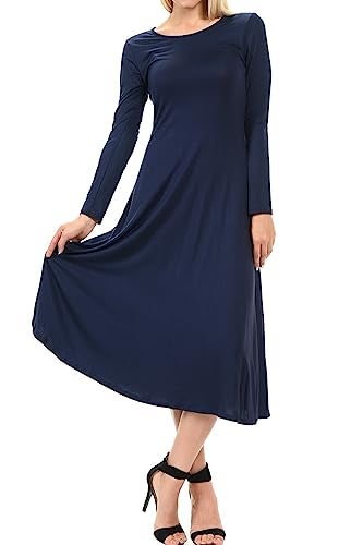 iconic luxe Women's Long Sleeve A-Line Fit and Flare Midi Dress Formal Casual Small Navy - Image 1