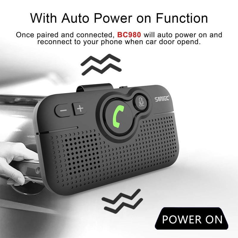 SUNITEC Bluetooth Car Speaker for Cell Phone, Handsfree Bluetooth Car Kit Motion AUTO ON Off Support Siri Voice Assistant Handsfree Speakerphone with Visor Clip - BC980P - Image 5