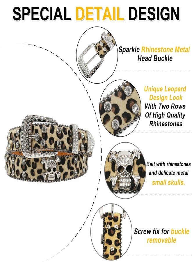 EVERBLTING Rhinestone Skull Belt Men Women Skull Leopard Belt Punk Studded Skulls Belts Western Cowgirl BB Belts Y2k, Leopard-yellow, 105:fits waist from 30"-34" - Image 2