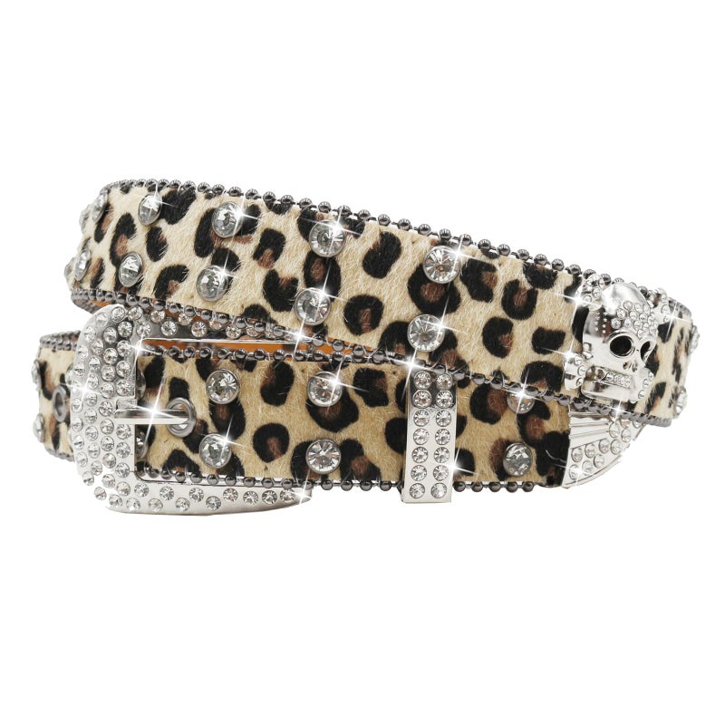 EVERBLTING Rhinestone Skull Belt Men Women Skull Leopard Belt Punk Studded Skulls Belts Western Cowgirl BB Belts Y2k, Leopard-yellow, 105:fits waist from 30"-34" - Image 1