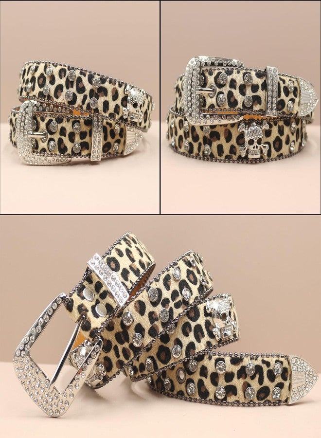 EVERBLTING Rhinestone Skull Belt Men Women Skull Leopard Belt Punk Studded Skulls Belts Western Cowgirl BB Belts Y2k, Leopard-yellow, 105:fits waist from 30"-34" - Image 5