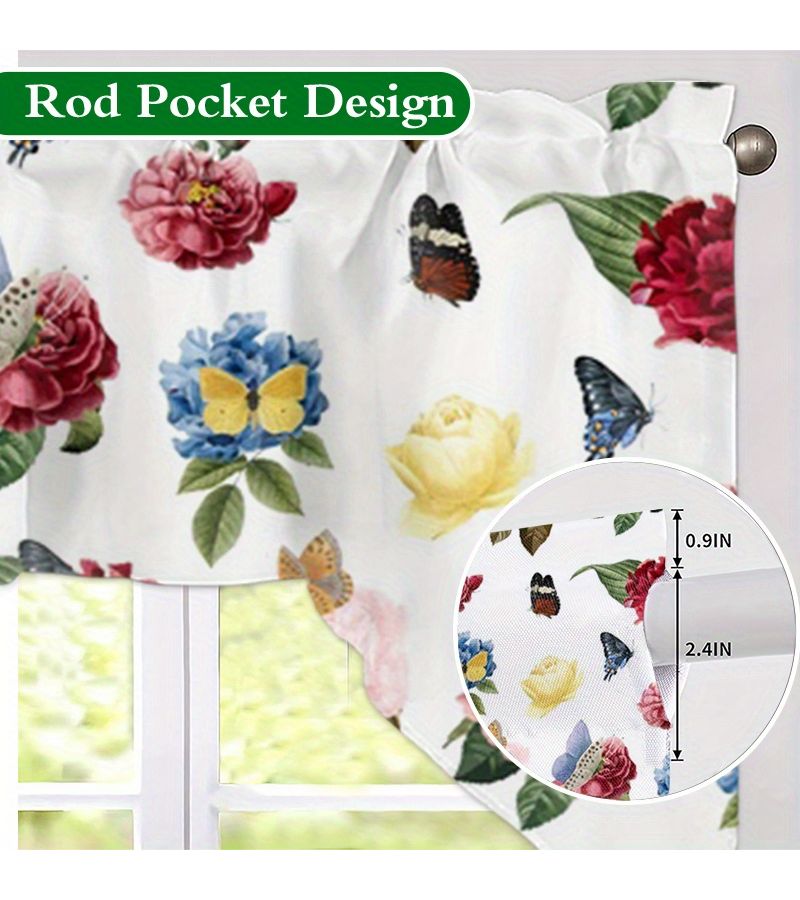 Polyester Machine Washable Country Style Floral Butterfly Pattern Light Filtering Curtain W56xH36in Rod Pocket Type For Kitchen Bedroom Living Room Dining Area Bathroom Bar Counter Window Solution Durable Sheer Fabric Easy Care Vintage Home Decor - Image 5