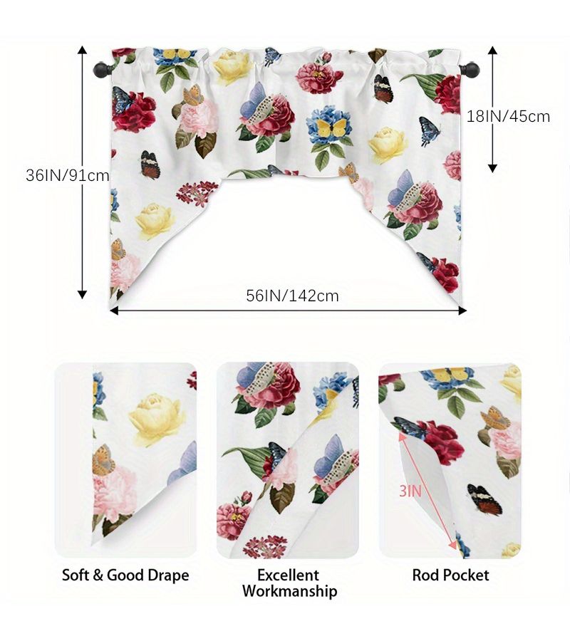 Polyester Machine Washable Country Style Floral Butterfly Pattern Light Filtering Curtain W56xH36in Rod Pocket Type For Kitchen Bedroom Living Room Dining Area Bathroom Bar Counter Window Solution Durable Sheer Fabric Easy Care Vintage Home Decor - Image 4
