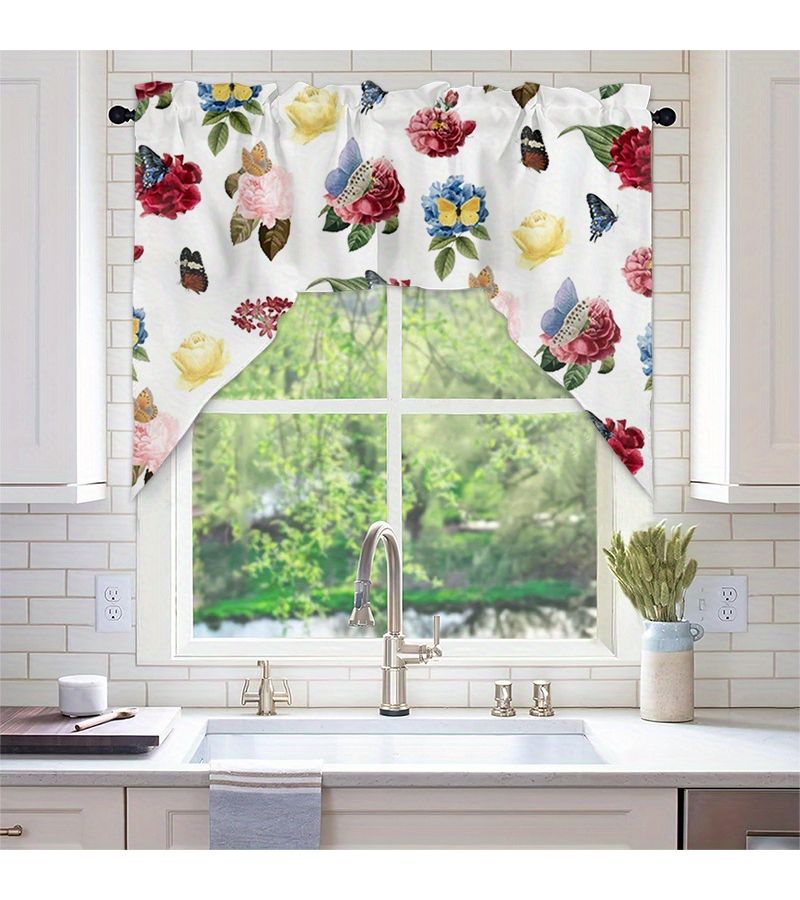 Polyester Machine Washable Country Style Floral Butterfly Pattern Light Filtering Curtain W56xH36in Rod Pocket Type For Kitchen Bedroom Living Room Dining Area Bathroom Bar Counter Window Solution Durable Sheer Fabric Easy Care Vintage Home Decor - Image 2
