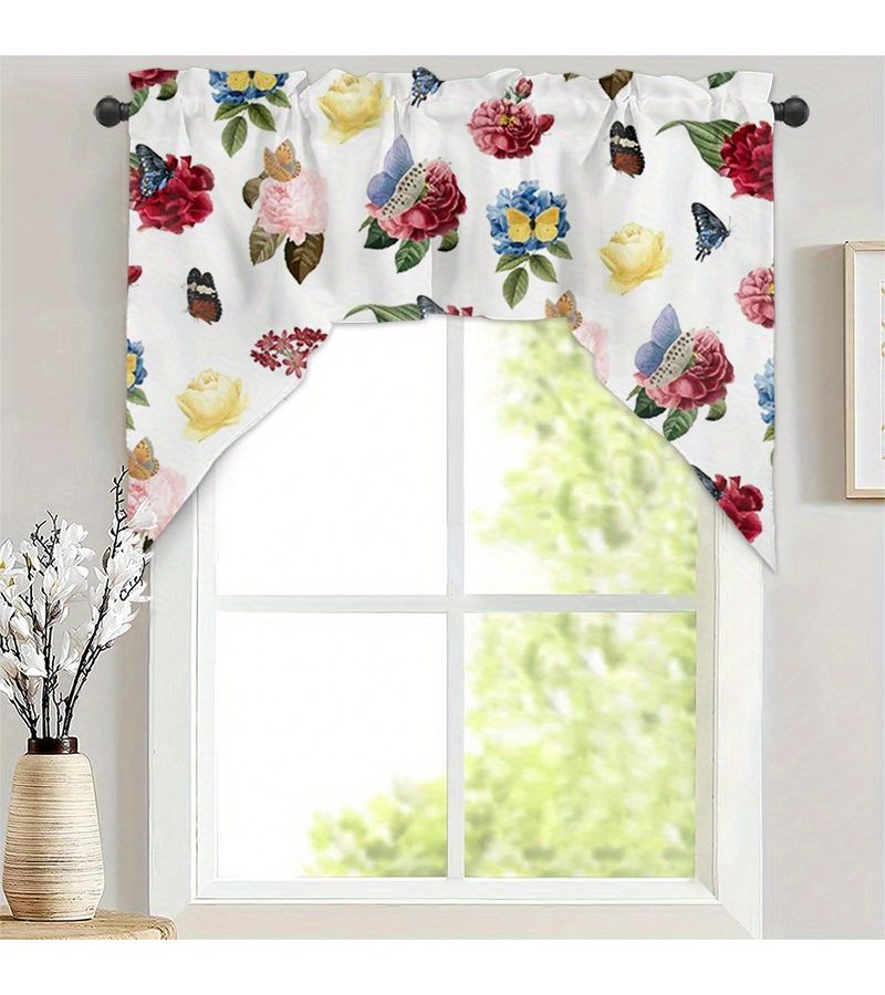 Polyester Machine Washable Country Style Floral Butterfly Pattern Light Filtering Curtain W56xH36in Rod Pocket Type For Kitchen Bedroom Living Room Dining Area Bathroom Bar Counter Window Solution Durable Sheer Fabric Easy Care Vintage Home Decor - Image 1