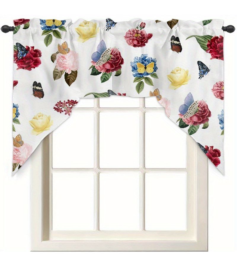 Polyester Machine Washable Country Style Floral Butterfly Pattern Light Filtering Curtain W56xH36in Rod Pocket Type For Kitchen Bedroom Living Room Dining Area Bathroom Bar Counter Window Solution Durable Sheer Fabric Easy Care Vintage Home Decor - Image 3