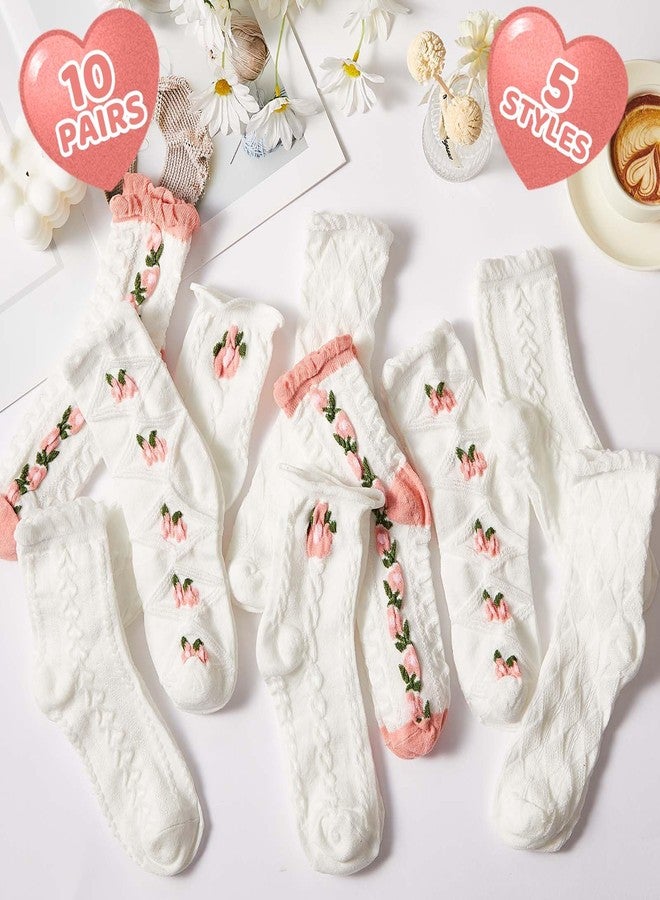 Skicuff جوارب Skicuff النسائية البيضاء اللطيفة ذات الكشكشة، 10 أزواج، بتصميم ريفي أنيق، جوارب قصيرة مزينة بالزهور، جوارب أنيقة ومريحة، جوارب جميلة قابلة للتهوية، 5 ألوان - Image 4