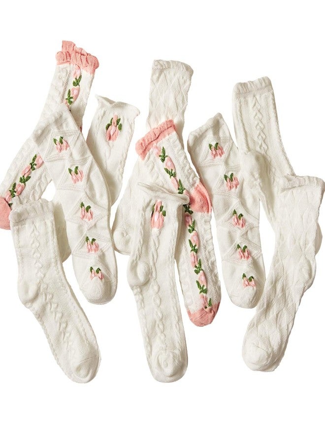 Skicuff جوارب Skicuff النسائية البيضاء اللطيفة ذات الكشكشة، 10 أزواج، بتصميم ريفي أنيق، جوارب قصيرة مزينة بالزهور، جوارب أنيقة ومريحة، جوارب جميلة قابلة للتهوية، 5 ألوان - Image 1