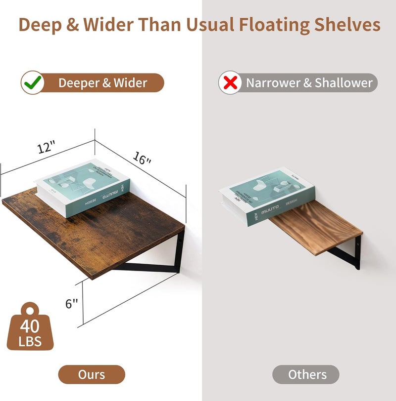 Axeman Deep Floating Shelves for Wall, 16W x 12D Rustic Wood Wall Shelves Set of 2, 12 Inch Deep Large Floating Shelves for Decor & Storage, Hanging Shelves for Farmhouse Kitchen Bathroom Bedroom - Image 3