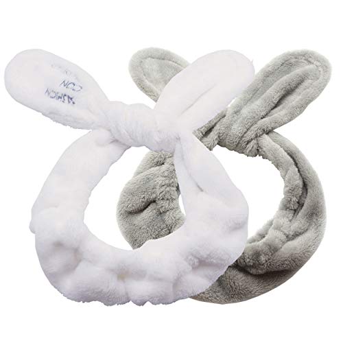 Dofash 2Pcs A Cute Bunny Ears Face Wash Headband, Skincare Makeup Headband, Beauty Lovely Spa Headbands With Delicate Bag For Girls And Woman, White and Gray - Image 1