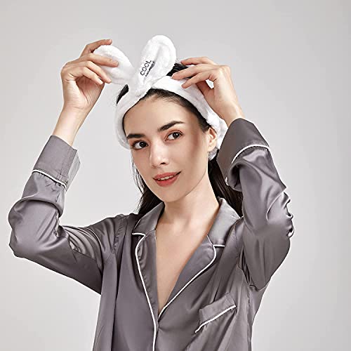 Dofash 2Pcs A Cute Bunny Ears Face Wash Headband, Skincare Makeup Headband, Beauty Lovely Spa Headbands With Delicate Bag For Girls And Woman, White and Gray - Image 3