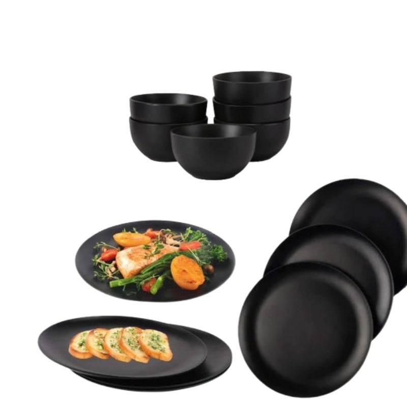 DECOR VIBES Melamine 6 Black Dinner Plates with 6 Bowls, Kitchen Plates, Dinner Plates for Snacks or Food and Salad, Dinnerware, Dinner Set for Gift (Matt Black, 10 Inch, Combo of of 12) - Image 1