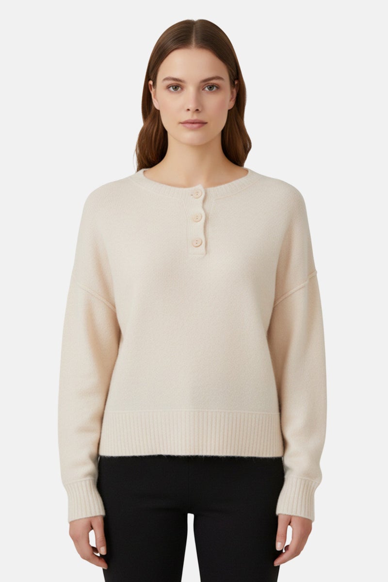 Workshop Republic Clothing Women Split Neck Knitted Sweater, Soft Beige - Image 1