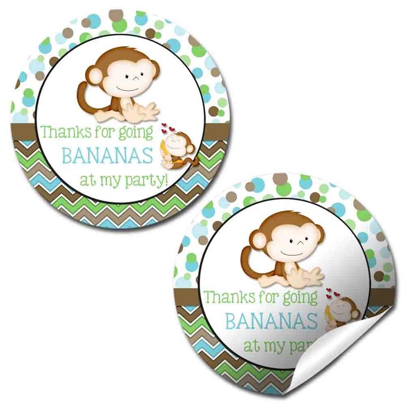 Little Monkey Go Bananas Thank You Sticker Labels for Boys 40 2 Party Circle Stickers by AmandaCreation Great for Party Favors Envelope Seals Goodie Bags