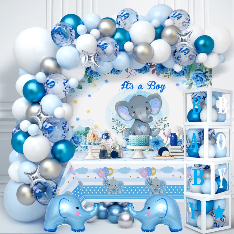 Golray 155pcs Elephant Baby Shower Decorations for Boy, Boxes with Letters/ Blue Balloon Garland Kit/ Backdrop/ Tablecloth/ Star, Elephant Kid Birthday Party Supplies Baby Boy Shower Decor - Image 1