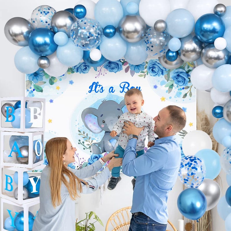 Golray 155pcs Elephant Baby Shower Decorations for Boy, Boxes with Letters/ Blue Balloon Garland Kit/ Backdrop/ Tablecloth/ Star, Elephant Kid Birthday Party Supplies Baby Boy Shower Decor - Image 5