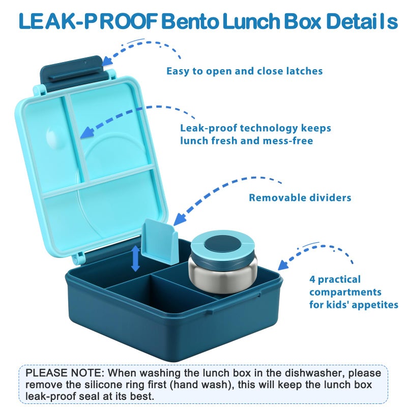 Howeemo Bento Lunch Box Set for Kids with 8oz Soup Thermo, Leak-Proof Lunch Containers with 4 Compartment, Kids Thermo Hot Food Jar and Insulated Lunch Bag for Kid to School-Blue - Image 5