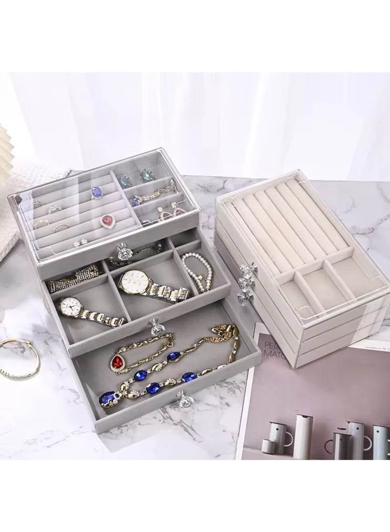 منظم مجوهرات اكريليك شفاف ببطانة قطيفة مع 3 أدراج وتصميم قابل للتكديس متعدد الوظائف للحلقان والخواتم والقلائد والساعات وغيرها - Image 2