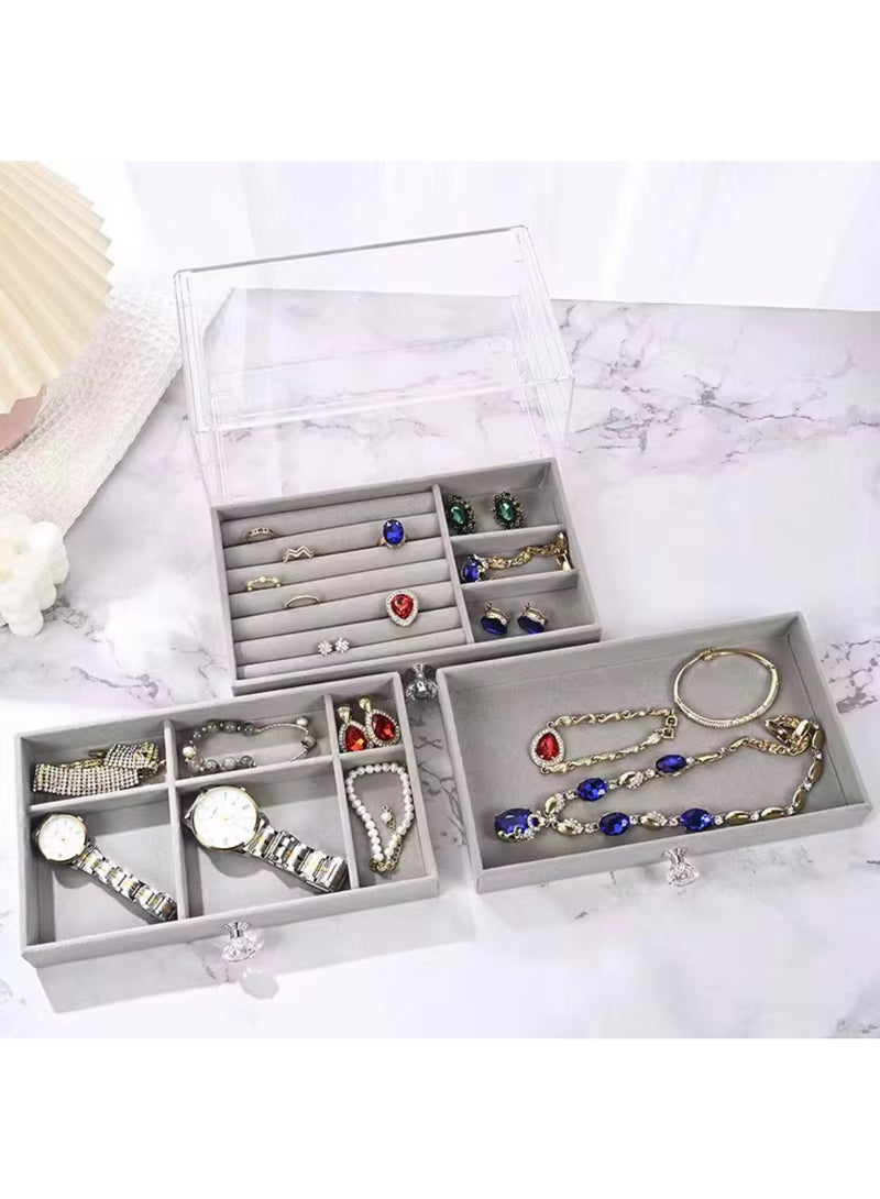 منظم مجوهرات اكريليك شفاف ببطانة قطيفة مع 3 أدراج وتصميم قابل للتكديس متعدد الوظائف للحلقان والخواتم والقلائد والساعات وغيرها - Image 5