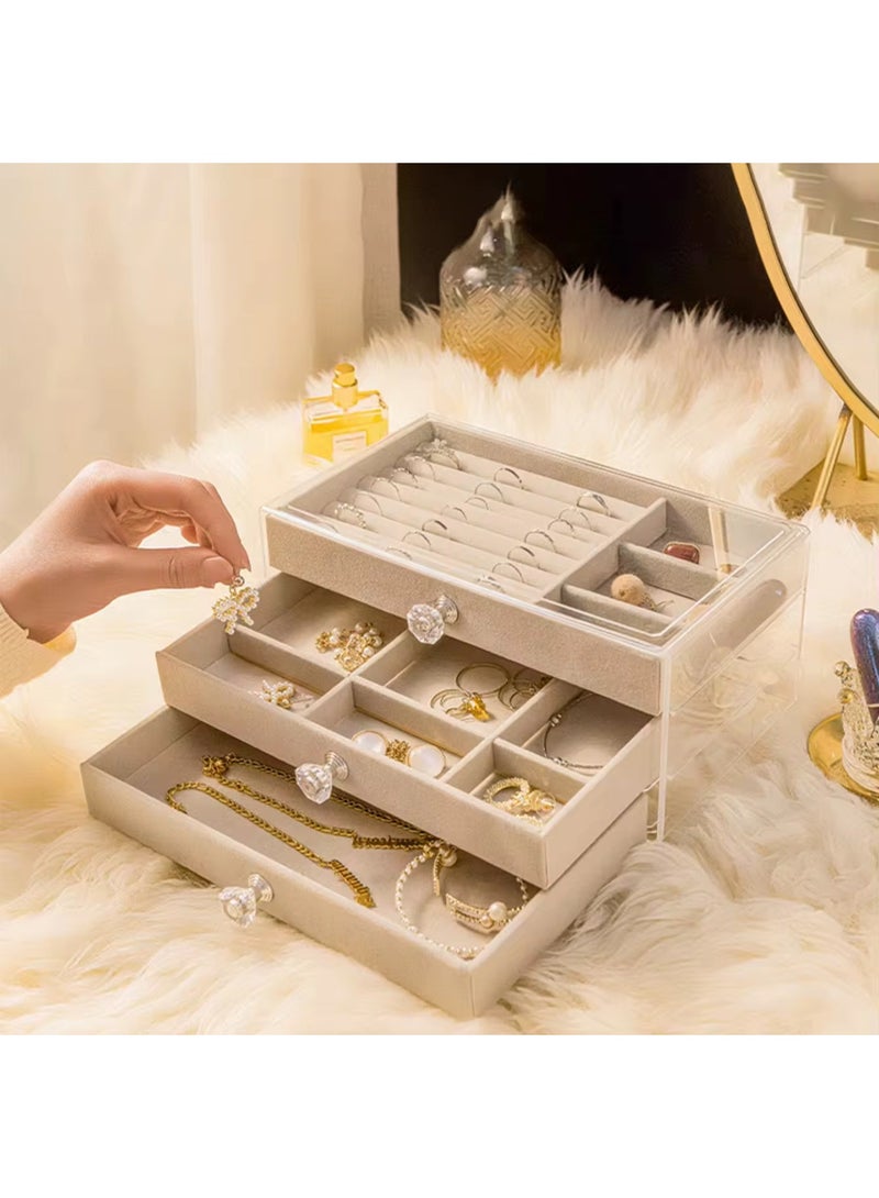 منظم مجوهرات اكريليك شفاف ببطانة قطيفة مع 3 أدراج وتصميم قابل للتكديس متعدد الوظائف للحلقان والخواتم والقلائد والساعات وغيرها - Image 1