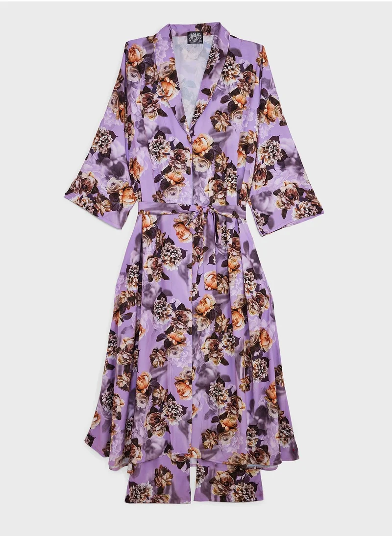 Hayas Closet Curve Floral Print Belted Abaya Set