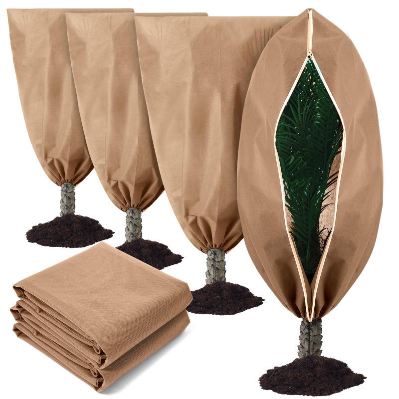 Wesnoy 4 Pcs Plant Covers Freeze Protection 2 Size 47" x 32" and 71" x 47" Reusable Plant Protector with Zipper and Drawstring, Winter Bush Covers Freeze Protection from Cold Sun Frost Wind(Brown) - Image 1