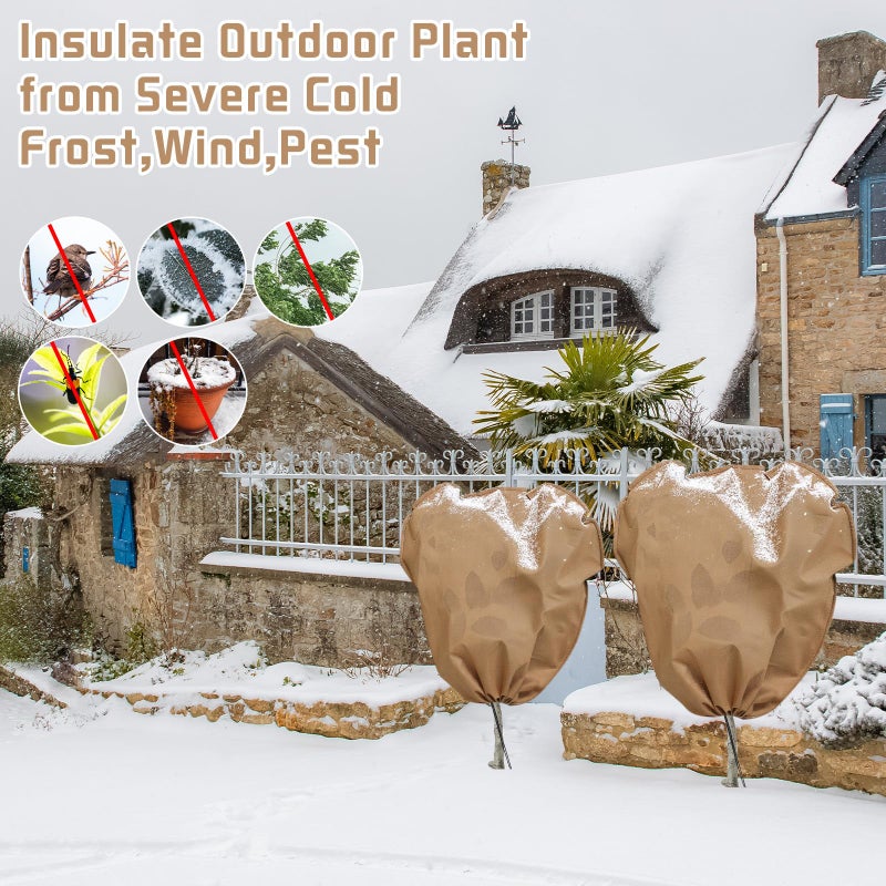 Wesnoy 4 Pcs Plant Covers Freeze Protection 2 Size 47" x 32" and 71" x 47" Reusable Plant Protector with Zipper and Drawstring, Winter Bush Covers Freeze Protection from Cold Sun Frost Wind(Brown) - Image 3
