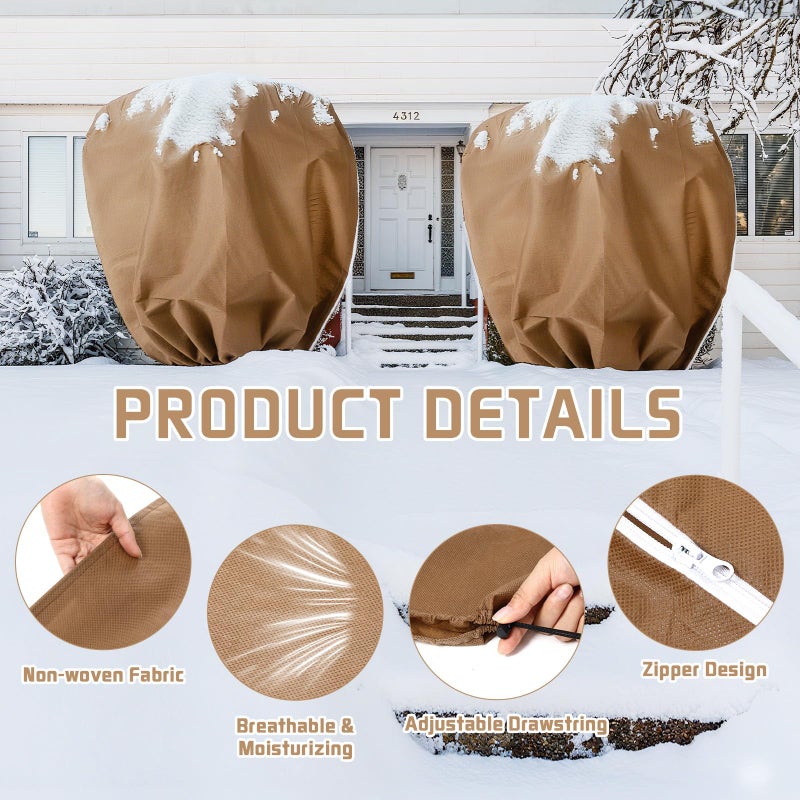 Wesnoy 4 Pcs Plant Covers Freeze Protection 2 Size 47" x 32" and 71" x 47" Reusable Plant Protector with Zipper and Drawstring, Winter Bush Covers Freeze Protection from Cold Sun Frost Wind(Brown) - Image 5
