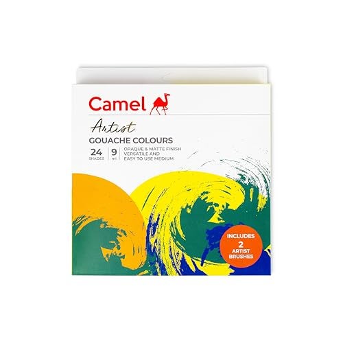 Camel Artist Gouache Colours Assorted Pack of 24 Shades, 9ml Each with 2 Artist Brushes - Image 1