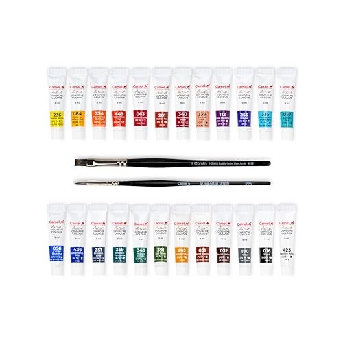 Camel Artist Gouache Colours Assorted Pack of 24 Shades, 9ml Each with 2 Artist Brushes - Image 3