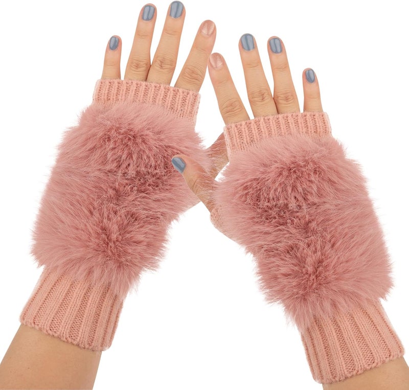 F Flammi Flammi Women Wool Knit Fingerless Gloves Furry Mittens Wrist Warmers - Image 1