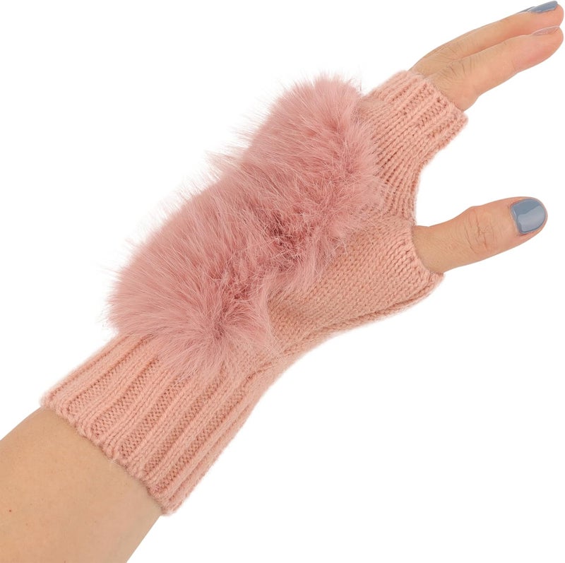 F Flammi Flammi Women Wool Knit Fingerless Gloves Furry Mittens Wrist Warmers - Image 2