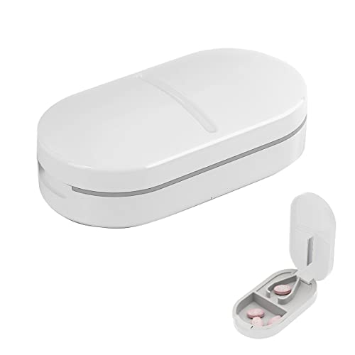 HANNEA® Pill Cutter, Portable Pill Splitter 2-in-1 Pill Case with Stainless Steel Blade, for Small or Large Vitamins Tablets, with Mini Pill Organizer Compartment, White - Image 1