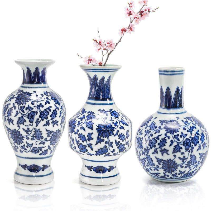 Goaste 3 Pack Small Blue and White Porcelain Vases 55 Inch Tall Mini Vintage Vases Classic Decorative Bud Vase Chinoiserie Ceramic Vase for Home Decor Office Party Decoration and Events
