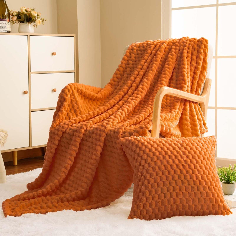 Vessia Flannel Fleece Throw Blanket(50x71inch) with Pillow Cover(18x18Inch)  3D Jacquard Burnt Orange Fuzzy Fall Blanket for Couch Sofa Bed Chair  300GSM Super Soft Cozy Throw for All-Season - Image 1