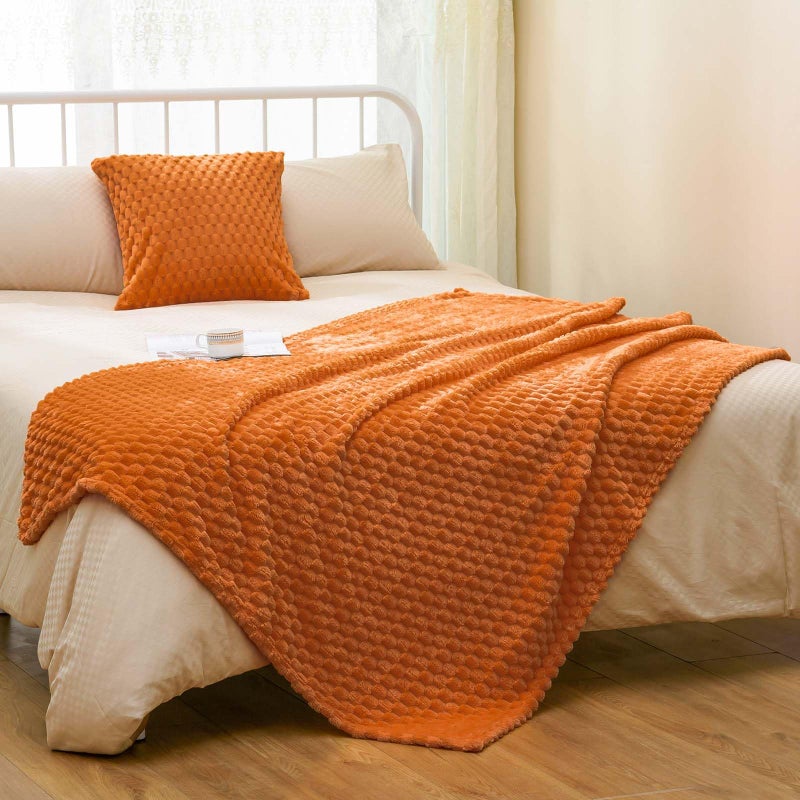 Vessia Flannel Fleece Throw Blanket(50x71inch) with Pillow Cover(18x18Inch)  3D Jacquard Burnt Orange Fuzzy Fall Blanket for Couch Sofa Bed Chair  300GSM Super Soft Cozy Throw for All-Season - Image 2