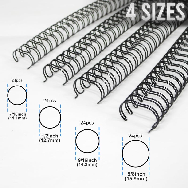 RAYSON Double Loop Binding Wires, Mixed Sizes (7/16", 1/2", 9/16", 5/8"), 3:1 Pitch 32-Loop Black, Pack of 96 - Image 2