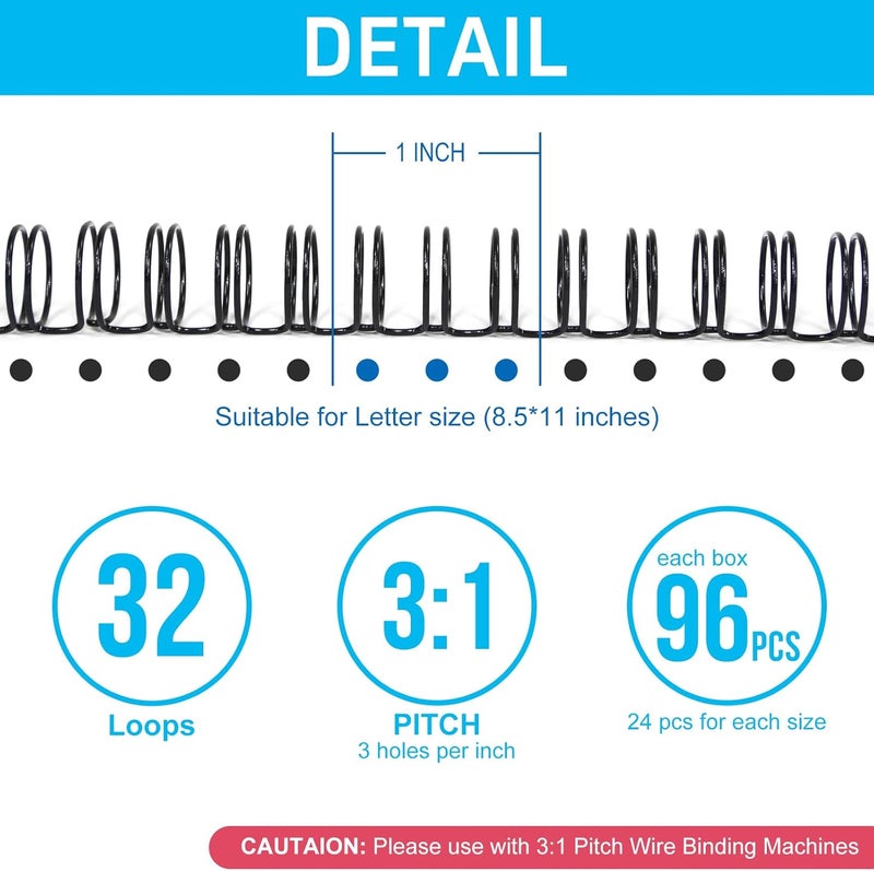 RAYSON Double Loop Binding Wires, Mixed Sizes (7/16", 1/2", 9/16", 5/8"), 3:1 Pitch 32-Loop Black, Pack of 96 - Image 3