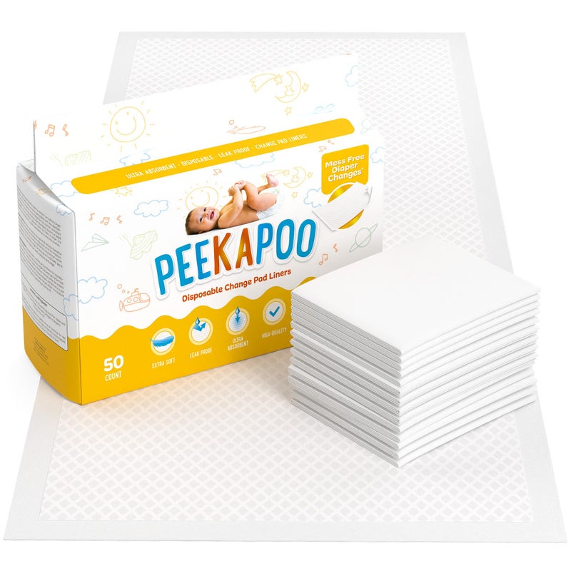 Peekapoo - Disposable Changing Pad Liners (50 Pack) Super Soft, Ultra Absorbent & Waterproof - Covers Any Surface for Mess Free Baby Diaper Changes - Image 1