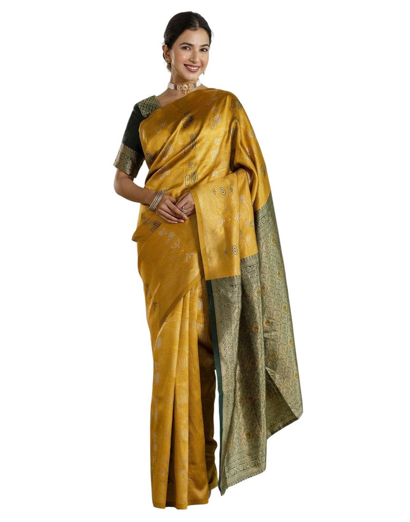 Shiv Textiles Women's Silk Blend Woven Kanjivaram Saree(SAT-657S-MUSTARD-YELLOW) - Image 1