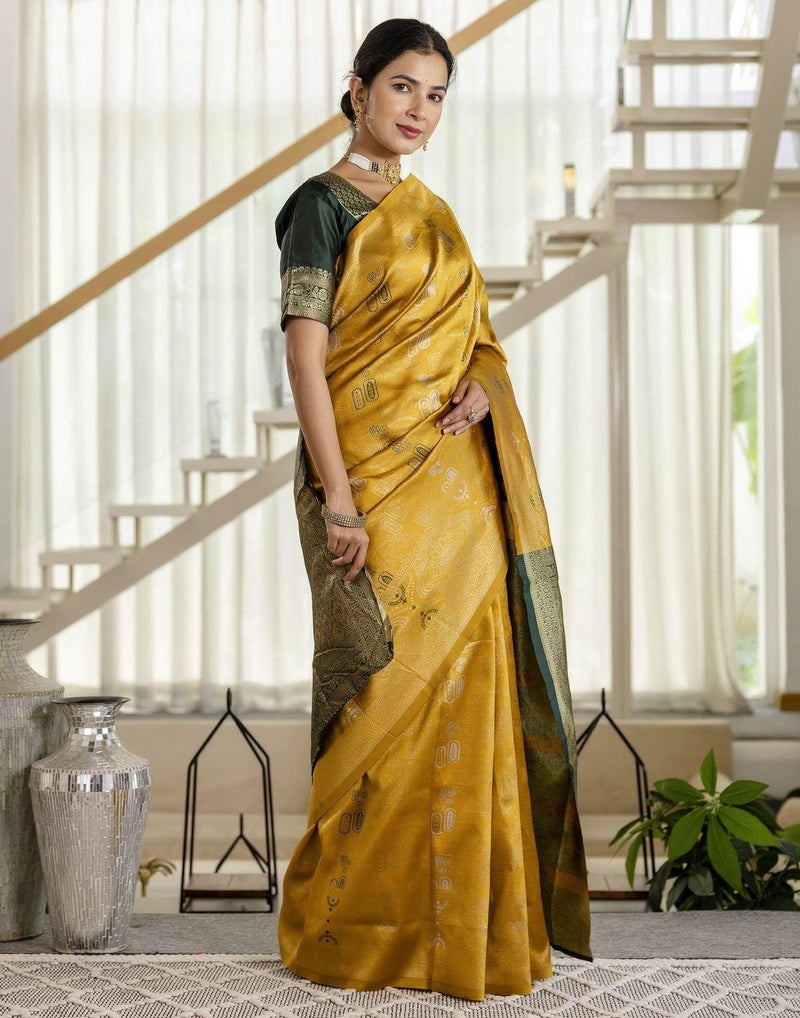 Shiv Textiles Women's Silk Blend Woven Kanjivaram Saree(SAT-657S-MUSTARD-YELLOW) - Image 3