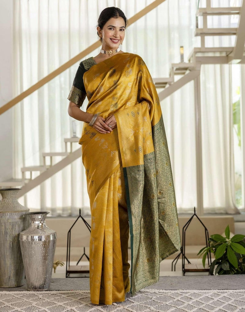 Shiv Textiles Women's Silk Blend Woven Kanjivaram Saree(SAT-657S-MUSTARD-YELLOW) - Image 2