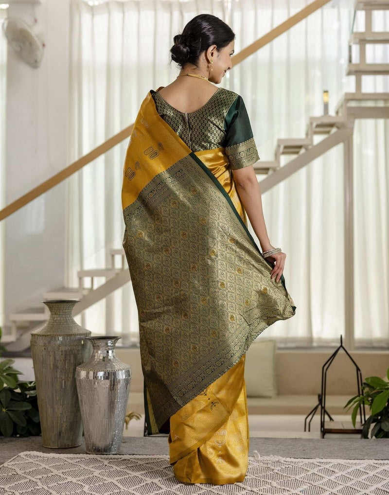 Shiv Textiles Women's Silk Blend Woven Kanjivaram Saree(SAT-657S-MUSTARD-YELLOW) - Image 4