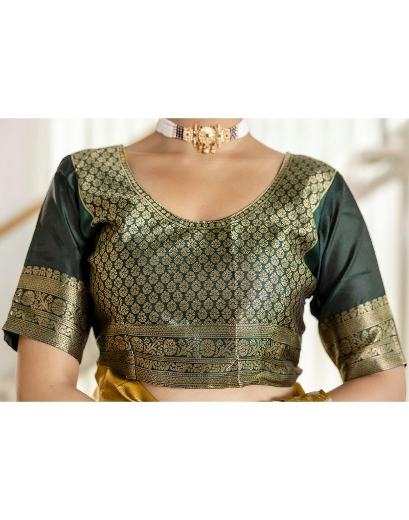 Shiv Textiles Women's Silk Blend Woven Kanjivaram Saree(SAT-657S-MUSTARD-YELLOW) - Image 5