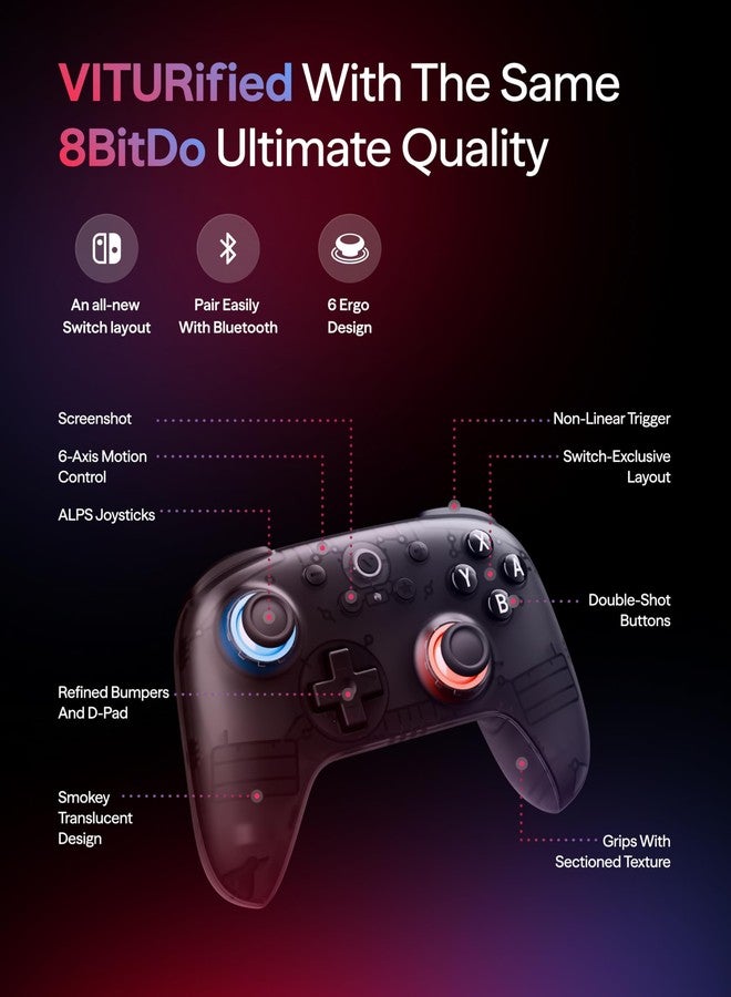 VITURE × 8BitDo Ultimate 2C Bluetooth Gaming Controller for Switch & Switch 2 | 6-Axis Motion Control | Hall Effect Joysticks | Rumble Vibration | Turbo Function | Wake on Shake | Smoky Translucent - Image 3