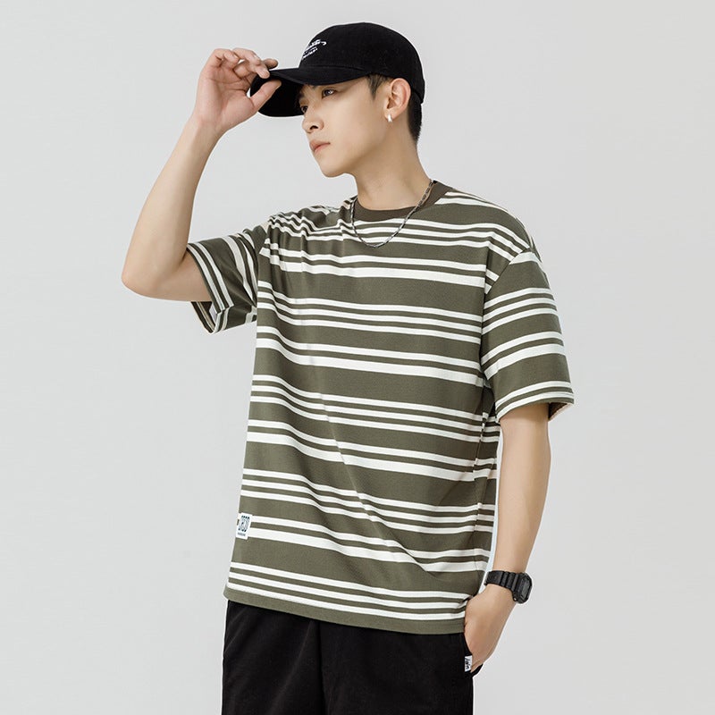 Heavy Weight Stripesd T-Shirt Men's Haichengyun Summer New Loose Trendyy Round Neck Short-Sleeved T-Shirt Couple Tops