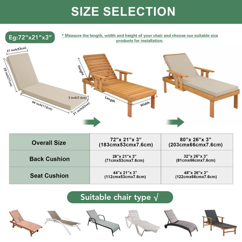 Summsun Chaise Lounge Cushions Outdoor Set of 2 - Waterproof and Fade Resistant Sun Lounger Replacement Cushion - Patio Lounger Pads with Removable Cover for Pool, Deck, Lawn, 72 x 21 x 3 Inch, Cream - Image 3