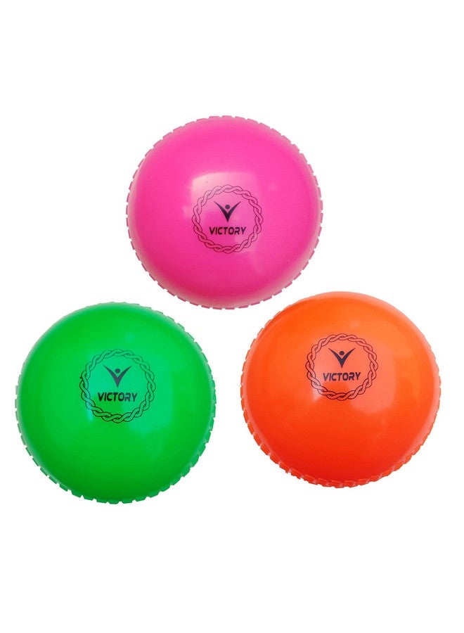VICTORY Synthetic Cricket Ball Match Practice Training | Practice Cricket Ball | Wind Balls | Swing Ball | Indoor & Outdoor Street & Beach Cricket (Multicolor Orange-Green-Pink, Pack of 3) - Image 1