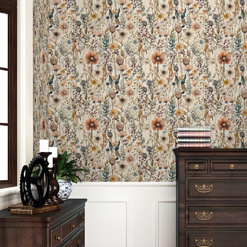 REDAMANCY Boho Coloful Yellow Wildflower Vintage Leaf Peel and Stick Wallpaper Stick on Contact Paper Vintage Wall Paper Easy Peel Off for nightstand Drawer Cabinet Renter - Image 2