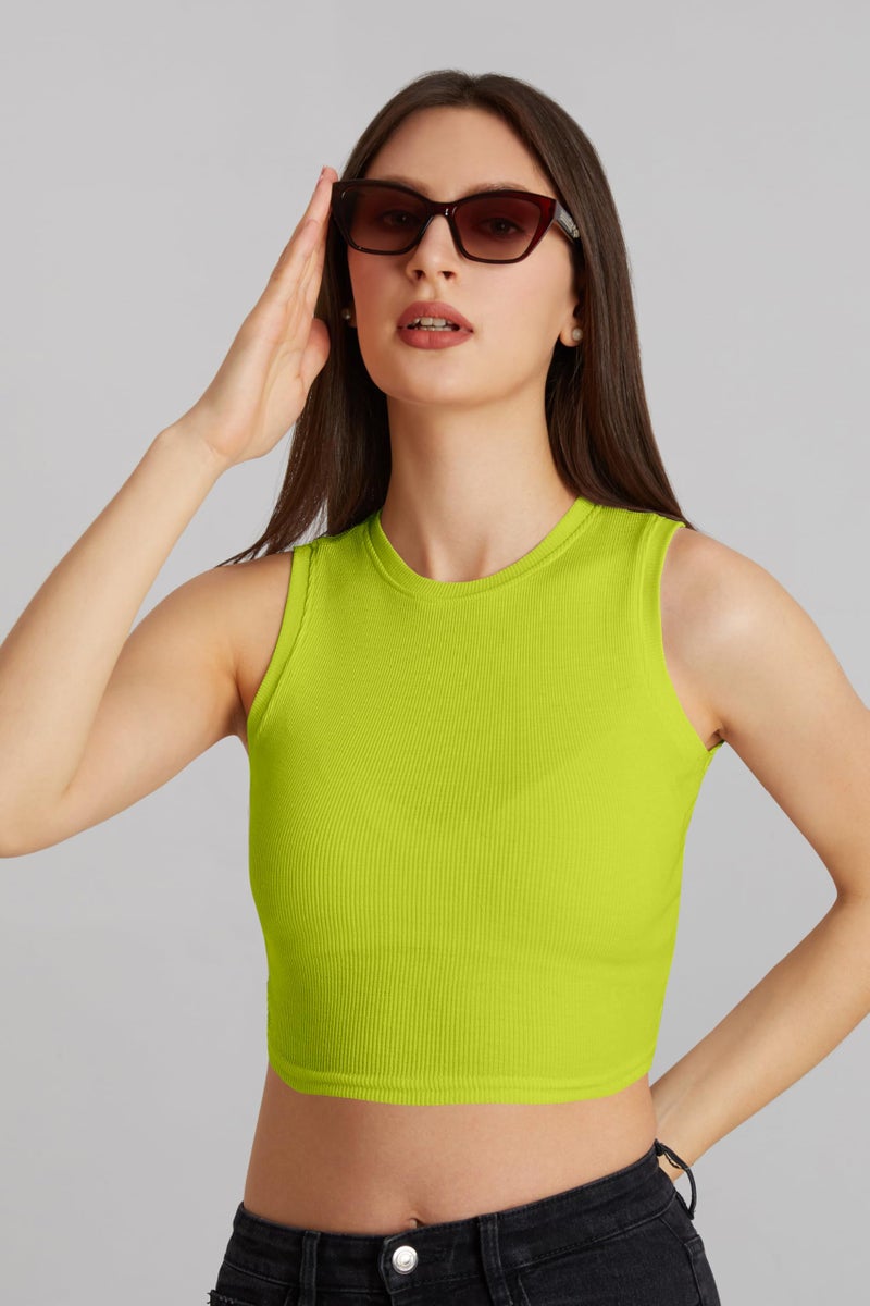 Berry&Bird BERRY BIRD® Stylish Sleeveless Round Neck Ribbed Tank Tops for Women & Girls Slim Fit Collarless Beach, Gym Wear and Western Trendy Fashion Neon - Image 5